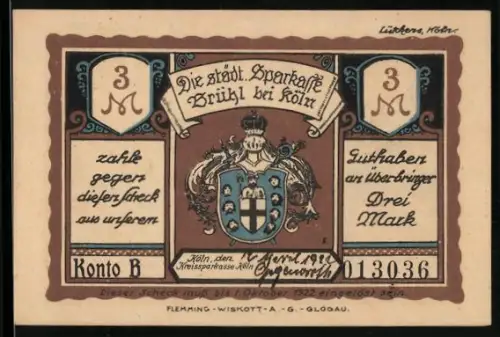 Notgeld Brühl bei Köln 1921, 3 Mark, Wappen und Schloss Augustusburg mit Kurfürst Clemens August