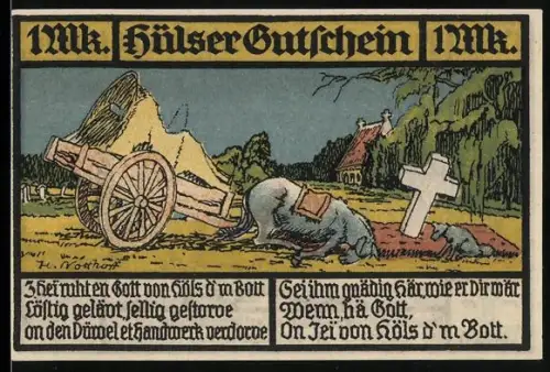 Notgeld Hüls 1921, 1 Mark, Landschaft mit Kirche und bäuerliche Szene mit Pferd und Heuwagen