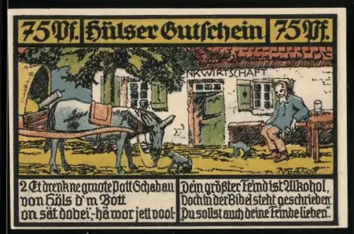 Notgeld Hüls 1921, 75 Pfennig, Mann mit Esel vor Gastwirtschaft und Ortsansicht mit Kirchturm