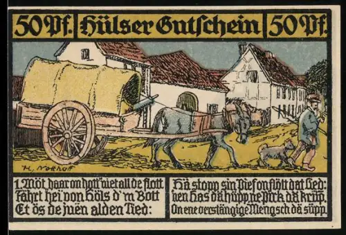 Notgeld Hüls 1921, 50 Pfennig, Fuhrwerk auf Dorfstrasse und Landschaft mit Kirche und Bäumen