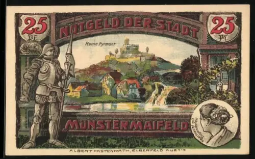 Notgeld Münstermaifeld 1921, 25 Pfennig, Ritter und Ruine Pyrmont, Wappen mit Türmen