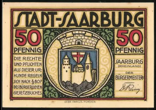 Notgeld Saarburg /Rheinland, 50 Pfennig, Wappen mit Burg, Königsgrab an der Saar