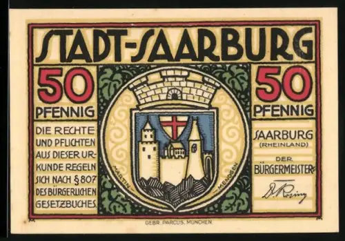 Notgeld Saarburg /Rheinland 1921, 50 Pfennig, Ortsansicht und Wappen von Saarburg