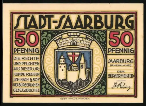 Notgeld Saarburg /Rheinland 1921, 50 Pfennig, Burg und Karte mit Gedicht
