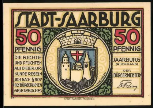 Notgeld Saarburg /Rheinland 1921, 50 Pfennig, Ortsansicht und Weinfest mit Spruchband