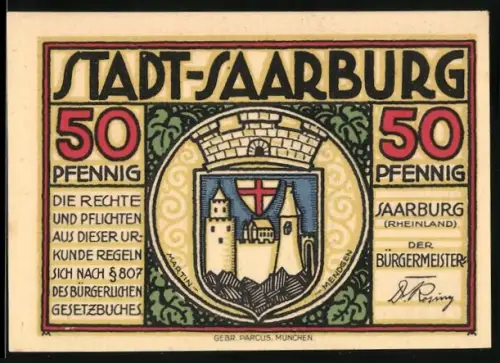 Notgeld Saarburg /Rheinland, 50 Pfennig, Wappen mit Burg und Handwerkssymbole