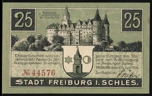 Notgeld Freiburg i. Schles. 1919, 25 Pfennig, Schloss Fürstenstein und Frau am Spinnrad
