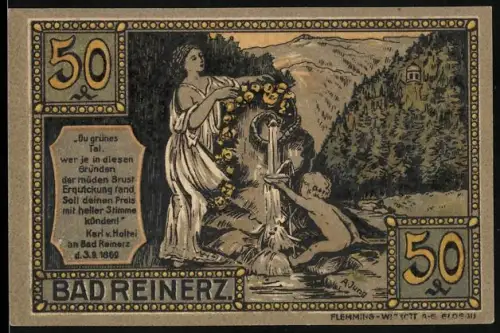 Notgeld Bad Reinerz 1921, 50 Pfennig, Frau mit Kranz am Brunnen und Ortsansicht im Ovalrahmen