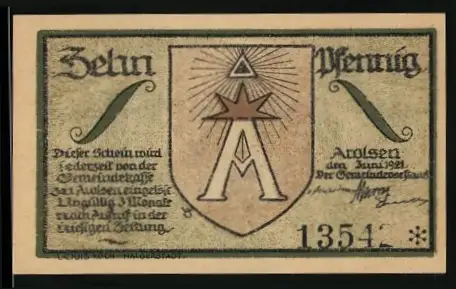 Notgeld Arolsen 1921, 10 Pfennig, Wappen mit Stern und Landschaftsszene mit Häusern im Wald