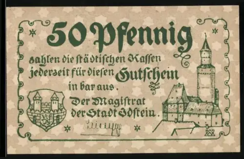 Notgeld Idstein, 50 Pfennig, Burg und Gebäudeansicht mit Wappen
