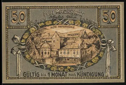 Notgeld Bad Reinerz 1921, 50 Pfennig, Alte Papiermühle und Landschaft mit Brunnen und Frau