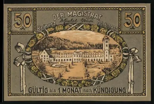 Notgeld Bad Reinerz 1921, 50 Pfennig, Kurhaus und allegorische Szene mit Quelle und Landschaft