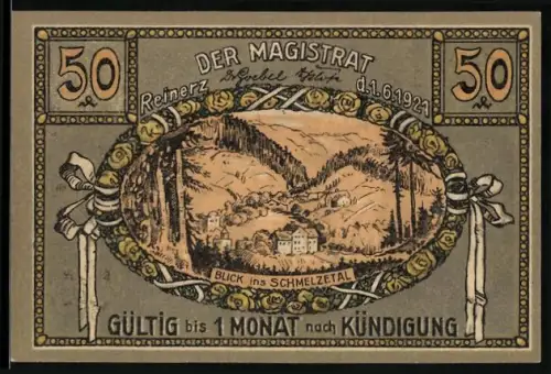 Notgeld Bad Reinerz 1921, 50 Pfennig, Schmelzetalblick und allegorische Figuren am Brunnen