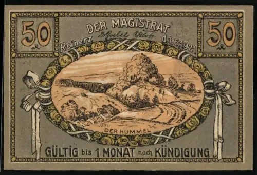 Notgeld Bad Reinerz 1921, 50 Pfennig, Landschaft am Hummel und Brunnen mit Figuren
