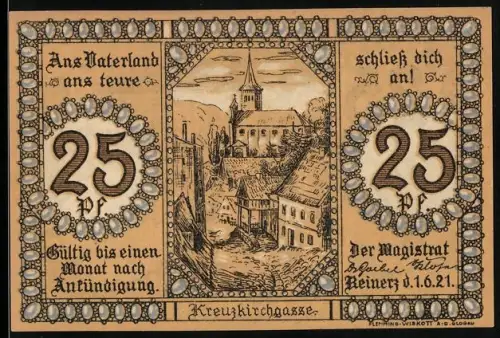 Notgeld Bad Reinerz 1921, 25 Pfennig, Kreuzkirchgasse und Ansicht vom Bad