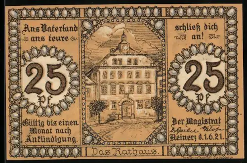 Notgeld Bad Reinerz 1921, 25 Pfennig, Rathaus und Ansicht der Kuranlagen