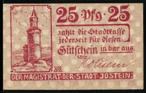 Notgeld Idstein, 25 Pfennig, Turmmotiv und Stadtwappen mit Zinnen