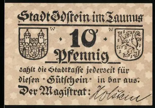Notgeld Idstein im Taunus, 10 Pfennig, Stadttor und Löwenwappen