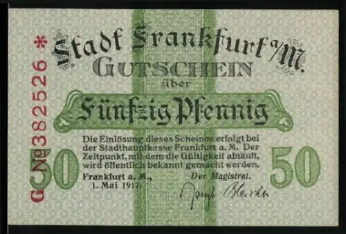 Notgeld Frankfurt a. M. 1917, 50 Pfennig, Adlerwappen und dekoratives Muster