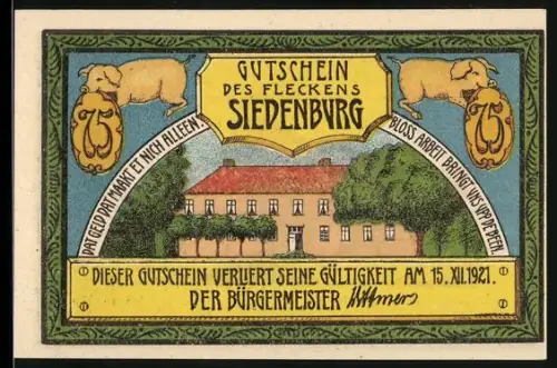Notgeld Siedenburg 1921, 75 Pfennig, Gebäude mit vermenschlichten Schweinen und Bauernhaus