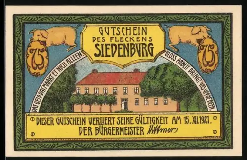 Notgeld Siedenburg 1921, 75 Pfennig, Gebäude und Strassenszene mit Fachwerkhäusern