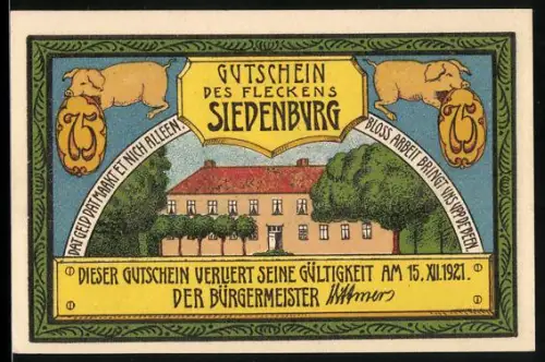 Notgeld Siedenburg 1921, 75 Pfennig, Herrenhaus und Mühle am Fluss mit Spruchband