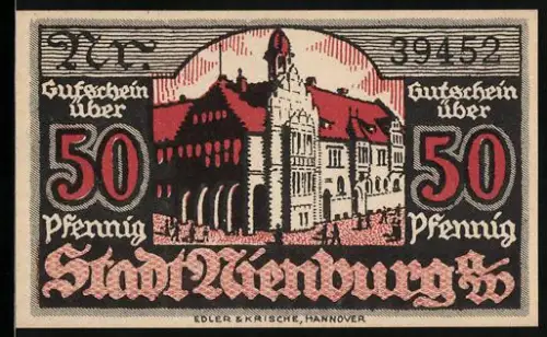 Notgeld Nienburg a. W., 50 Pfennig, Rathaus und Text zum Gutschein