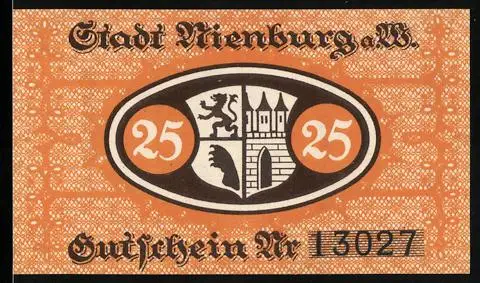 Notgeld Nienburg a. W., 25 Pfennig, Wappen mit Löwe und Turm