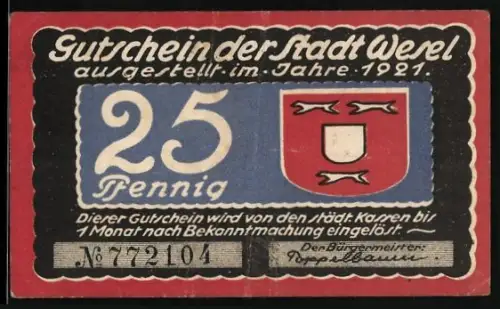 Notgeld Wesel 1921, 25 Pfennig, Stadtwappen und Segelschiff auf Wasser