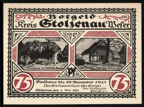 Notgeld Stolzenau /Weser 1921, 75 Pfennig, Wilhelm Buschs Elternhaus und Wohnhaus, Versammlungsszene