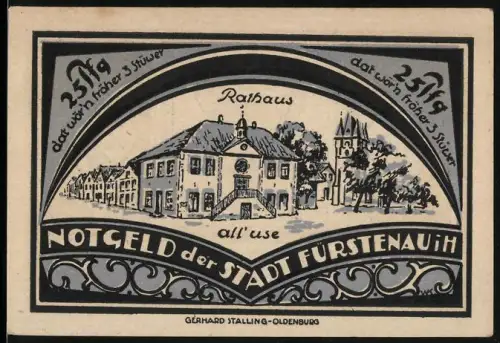 Notgeld Fürstenau i. H. 1921, 25 Pfennig, Rathaus und Stadtwappen 1402