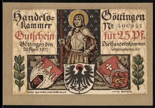 Notgeld Göttingen 1917, 25 Pfennig, Ritter mit Wappen und Adler, Ähren und Schwert mit Helm