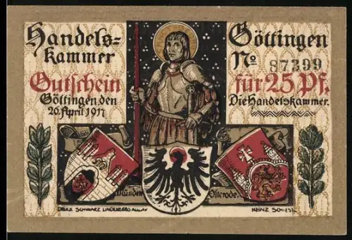 Notgeld Göttingen 1917, 25 Pfennig, Ritter mit Schwert und Wappen, Ähren und Schwertornamentik