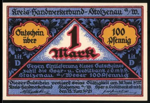 Notgeld Holzminden a. W. 1921, 100 Pfennig, Handwerker mit Wappen und Spruch Handwerk hat goldenen Boden