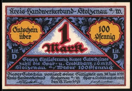 Notgeld Stolzenau a. W. 1921, 100 Pfennig, Handwerker mit Amboss und Wappen, Handwerk hat goldenen Boden
