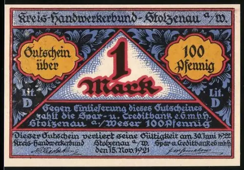 Notgeld Stolzenau a. W. 1921, 100 Pfennig, Bäckerin mit Brotlaiben und Wappen des Handwerksbundes