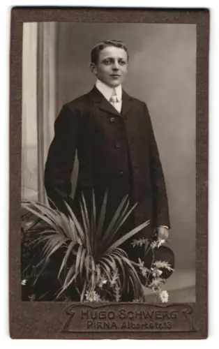 Fotografie Hugo Schwerg, Pirna, Albertstr. 13, Junger Mann mit Hut und Pflanzenarrangement