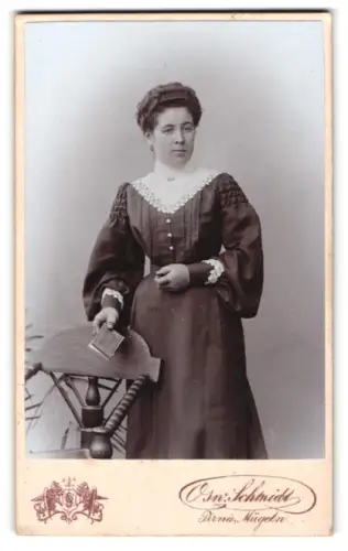 Fotografie Osw. Schmidt, Pirna, Ecke Grohmann und Jackobäerstr., Bismarckstrasse, Dame mit Buch