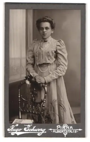 Fotografie Hugo Schwerg, Pirna, Albertstrasse 13, Frau in elegantem Kleid