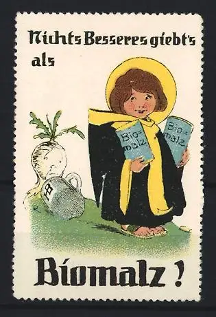Reklamemarke Biomalz, Kräftigungspräparat, Münchner Kindl mit Malzdosen