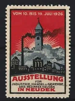 Reklamemarke Neudek, Ausstellung für Industrie, Handel und Gewerbe 1926, Kirchturm und Fabrik