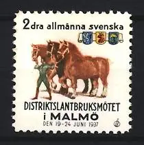 Reklamemarke Malmö, Distriktslantbruksmötet 1937, Pferde und Wappen