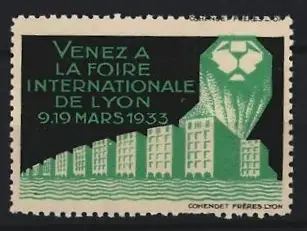 Reklamemarke Lyon, Foire Internationale 1933, Gebäude und Ballon