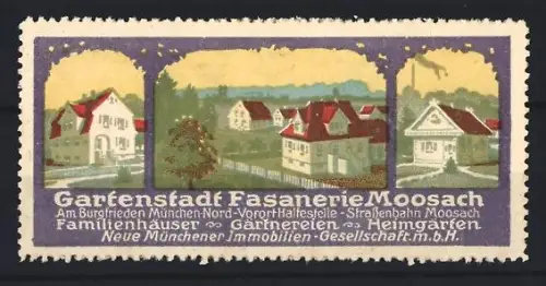 Reklamemarke München, Gartenstadt Fasanerie Moosach, Familienhäuser und Gärtnereien