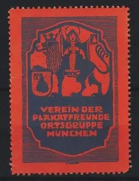 Reklamemarke München, Verein der Plakatfreunde Ortsgruppe, stilisierte Figur und Wappen