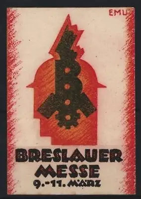 Reklamemarke Breslau, Breslauer Messe, Zahnrad und Blitz