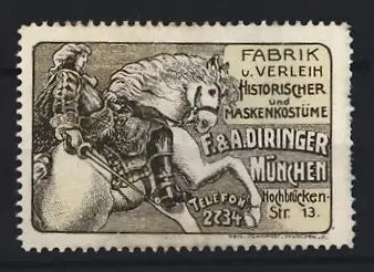 Reklamemarke München, F. & A. Diringer, Historische und Maskenkostüme, Reiter auf Pferd