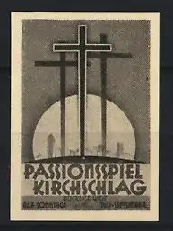 Reklamemarke Kirchschlag, Passionsspiel, Drei Kreuze im Sonnenuntergang