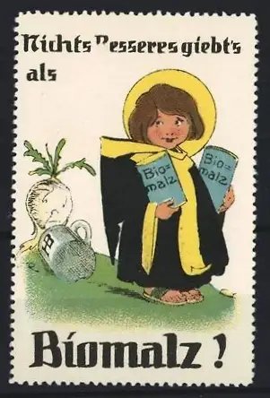 Reklamemarke Biomalz, Kräftigungspräparat, Münchner Kindl mit Malzdosen