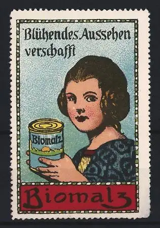 Reklamemarke Biomalz, Kräftigungspräparat, Mädchen mit Biomalz-Dose